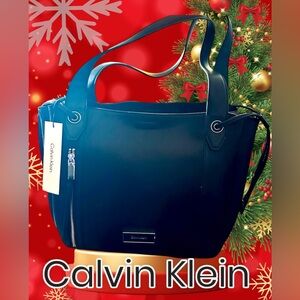 CALVIN KLEIN NEW Vegan Leather LEAH Shoulder Bag Tote With Front Zip & Tassels